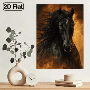 A 1000pcs Jigsaw Puzzle for Adults Featuring a Flaming Black Horse Stepping Into Fire, with Its Mane Flowing And Eyes Glowing Like Torches.29.4*19.6 in