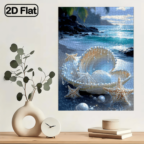 1000pcs Jigsaw Puzzle Featuring Seashells, Starfish, And Pearls, Measuring 29.4X19.6 inch, Unframed And Flat. Ideal for Home Decoration.