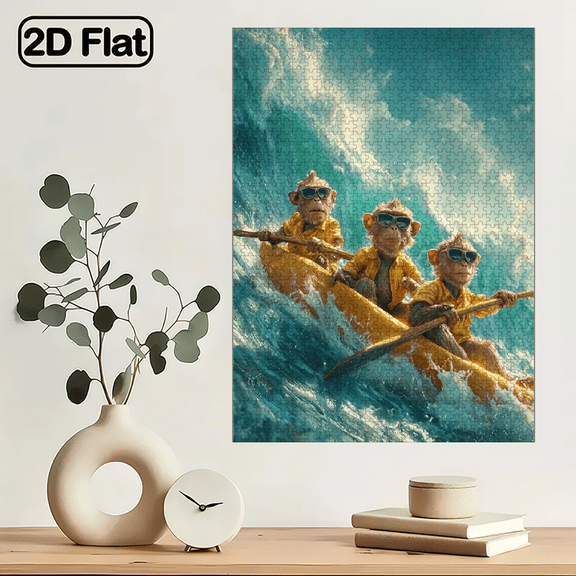 A 1000pcs for Jigsaw Puzzle Featuring Three Monkeys in Glasses Riding a Yellow Banana Boat on The Waves. Perfect As a Birthday Present, for Home Decoration, Or for Leisure And Entertainment. an
