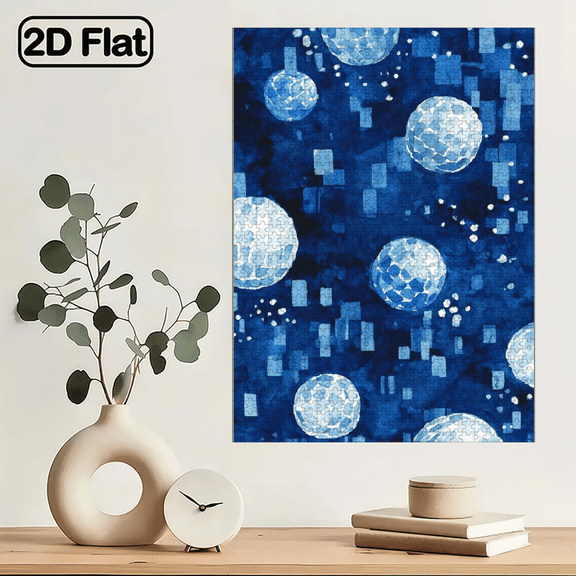 1000pcs Jigsaw Puzzle for Families - Blue Watercolor Spheres with White Spots Block Patterns, Large Cube Puzzle Set.29.4*19.6 in