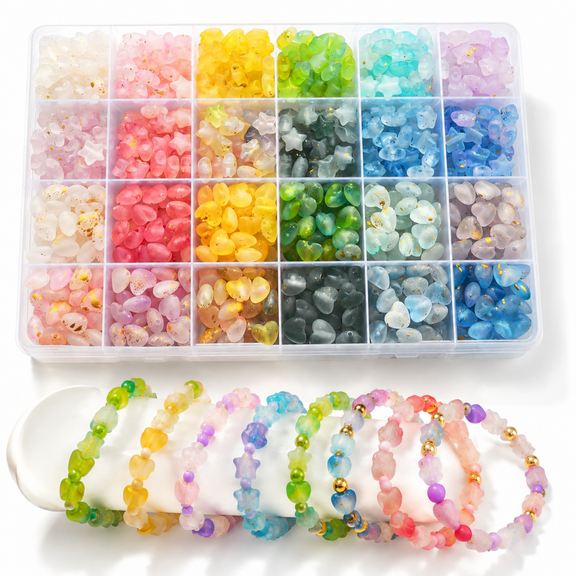 Assorted Star & Heart Loose Beads, Matte Acrylic with Gold Foil, 1000 Pcs, Pastel Color Beads for DIY Jewelry Crafts