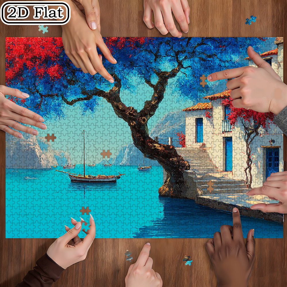 A 1000pcs Mini Puzzle Featuring a Blue Tree Seaside Design, Suitable ...