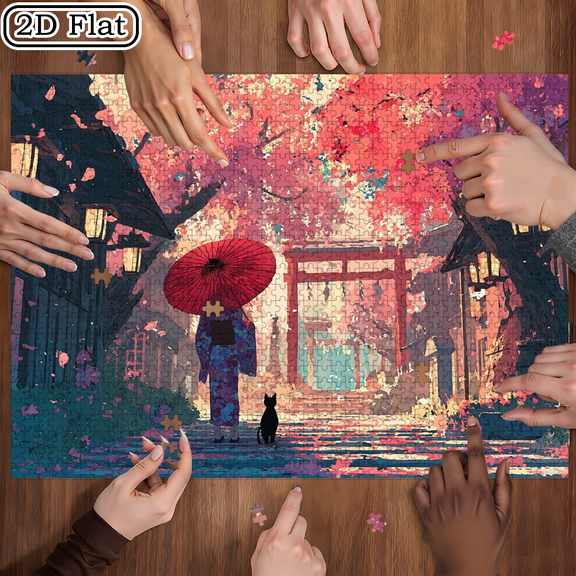 1000pcs Mini Puzzle Featuring Cherry Lane and Cat Design - Scratch-resistant, High Difficulty, Suitable, Family Entertainment, DIY Home Decor, Halloween, Christmas, and Brain-challenging Gift Id