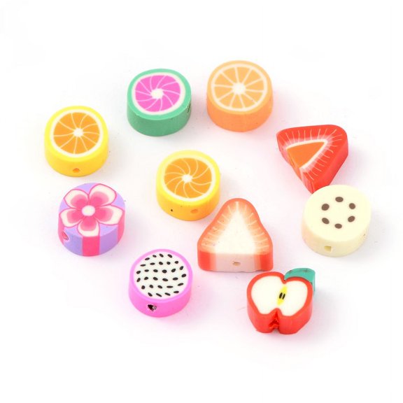 1000pcs Mixed Fruit Theme Handmade Polymer Clay Beads Mixed color 9~13x9~11x4~5mm Hole: 1~2mm Multi-color