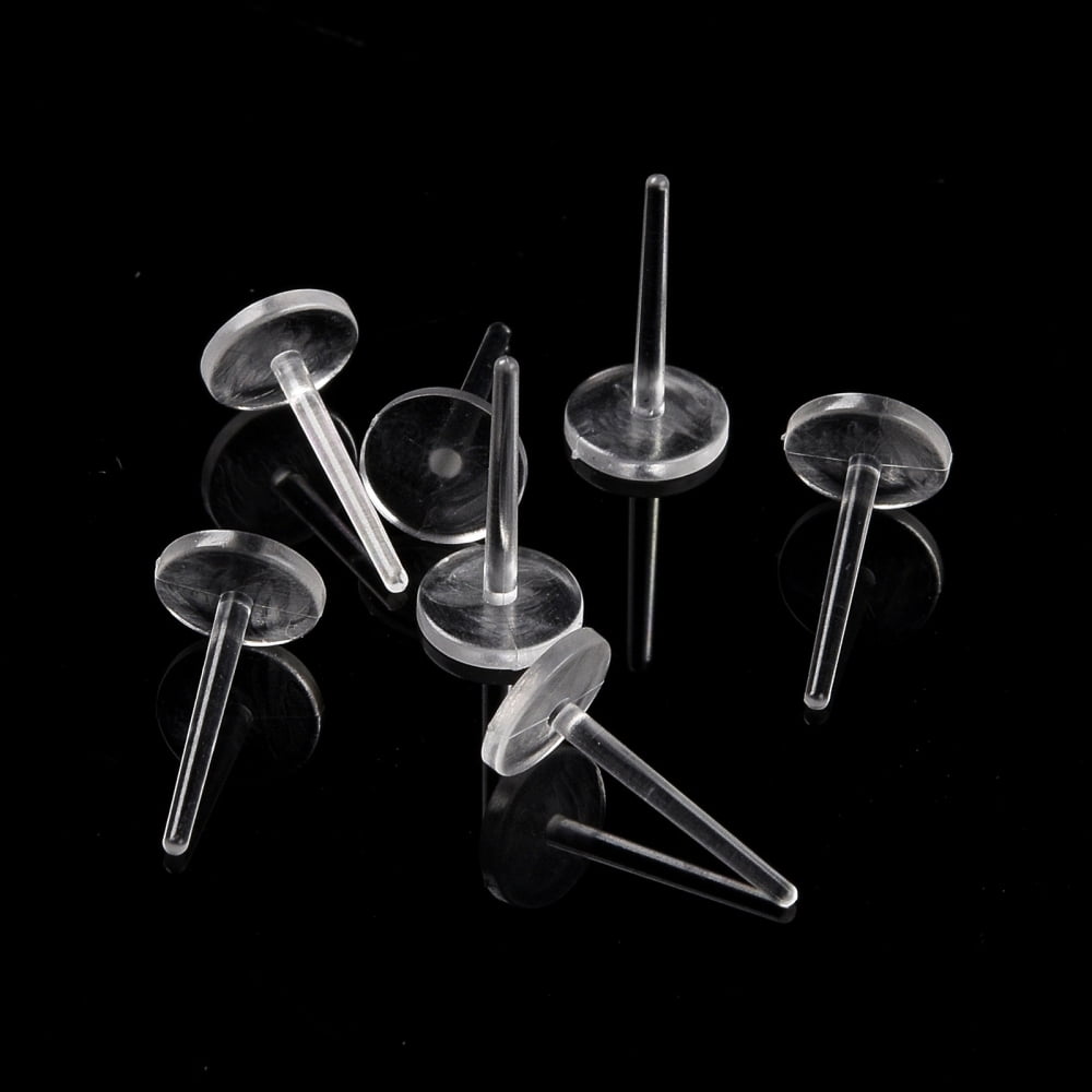 1000pcs Plastic Flat Round Stud Earring Findings Clear 6mm pin: 1mm