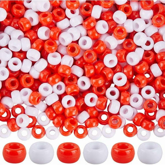 1000pcs Pony Beads 6 x 9 mm Red White Pony Beads Valentine's Day Theme Red White Mix Opaque Hair Braid Kandi Plastic Spacers Bulk for Jewelry Making Christmas Wedding Birthday Necklaces Mixed Color