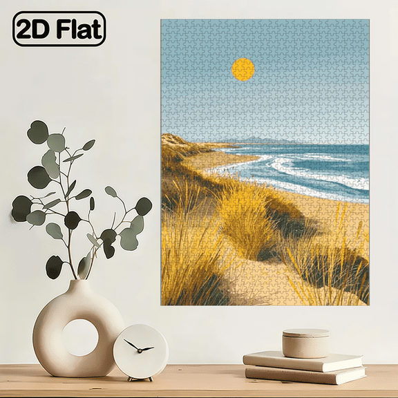 A 1000pcs Puzzle Depicting a Tranquil Seaside Scene, with Fine Sand And Reeds Gently Moving in The Breeze, Soft Waves Caressing The Shore, And Warm Light Illuminating The Area, Offering a Unique