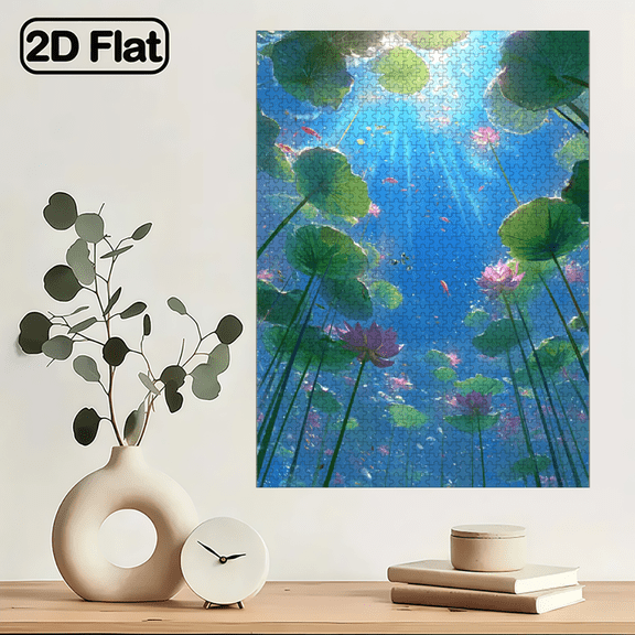 1000pcs Puzzle Designed for Adults And Families, Offering Medium Level of Challenge, Showcasing an Underwater Scene with Lotus Flowers, Coral Reefs, Foliage, Sunlight, And Swimming Fish