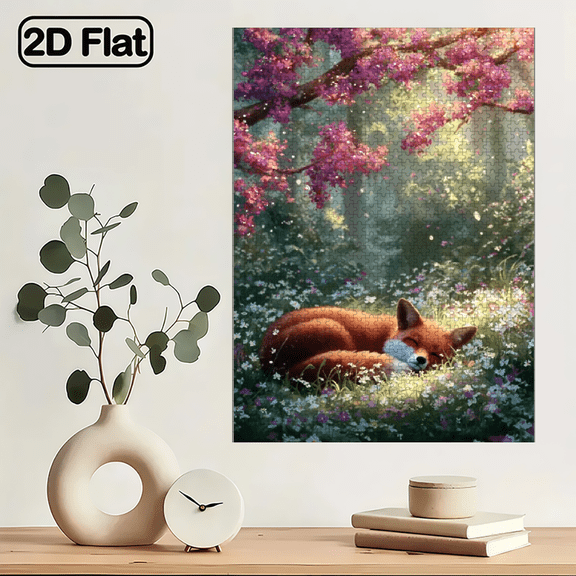 A 1000pcs Puzzle for Featuring a Fox Resting in a Flower-Filled Meadow, Encircled by Vibrant Blossoms And Branches, with Sunlight Filtering Through. 29.4*19.6in