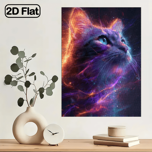 A 1000pcs Puzzle for Featuring a Neon Cat with Blue Eyes, Surrounded by Light Effects And Particles. This Brain-Teasing Puzzle Includes Vibrant Illustrations. 29.4*19.6in