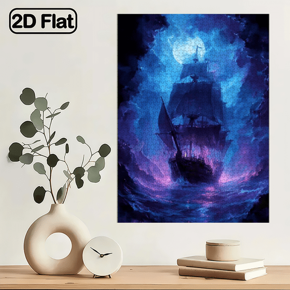 A 1000pcs Puzzle for Featuring a Sailboat on a Nighttime Ocean, with Various Sails And Glowing Blue And Purple Circles That Mirror The Waves. 29.4*19.6in
