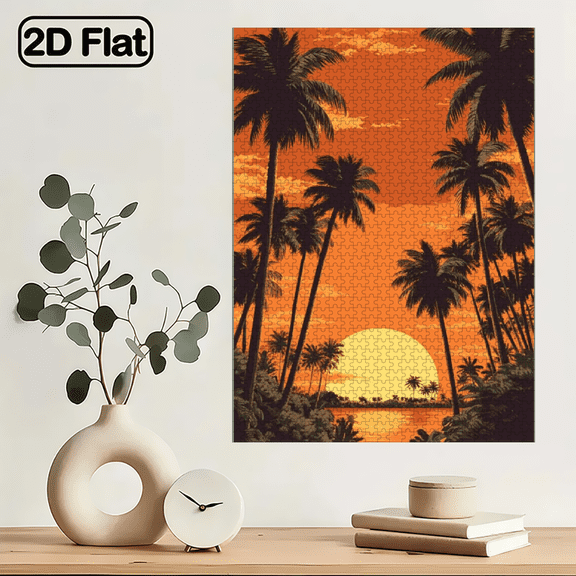 1000pcs Puzzle - Large 1000pcs Tropical Sunset Palm Tree Silhouette Challenge, Challenging Brain Teaser with Color-Coded Pieces.29.4*19.6 in