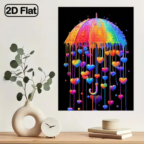 1000pcs Rainbow Heart Umbrella Drip Paper Jigsaw Puzzle, Available in Various Rectangular Sizes Without a Frame. This 2D Flat Decoration Is Perfect for Enhancing Your Living Room.29.4X19.6 inch