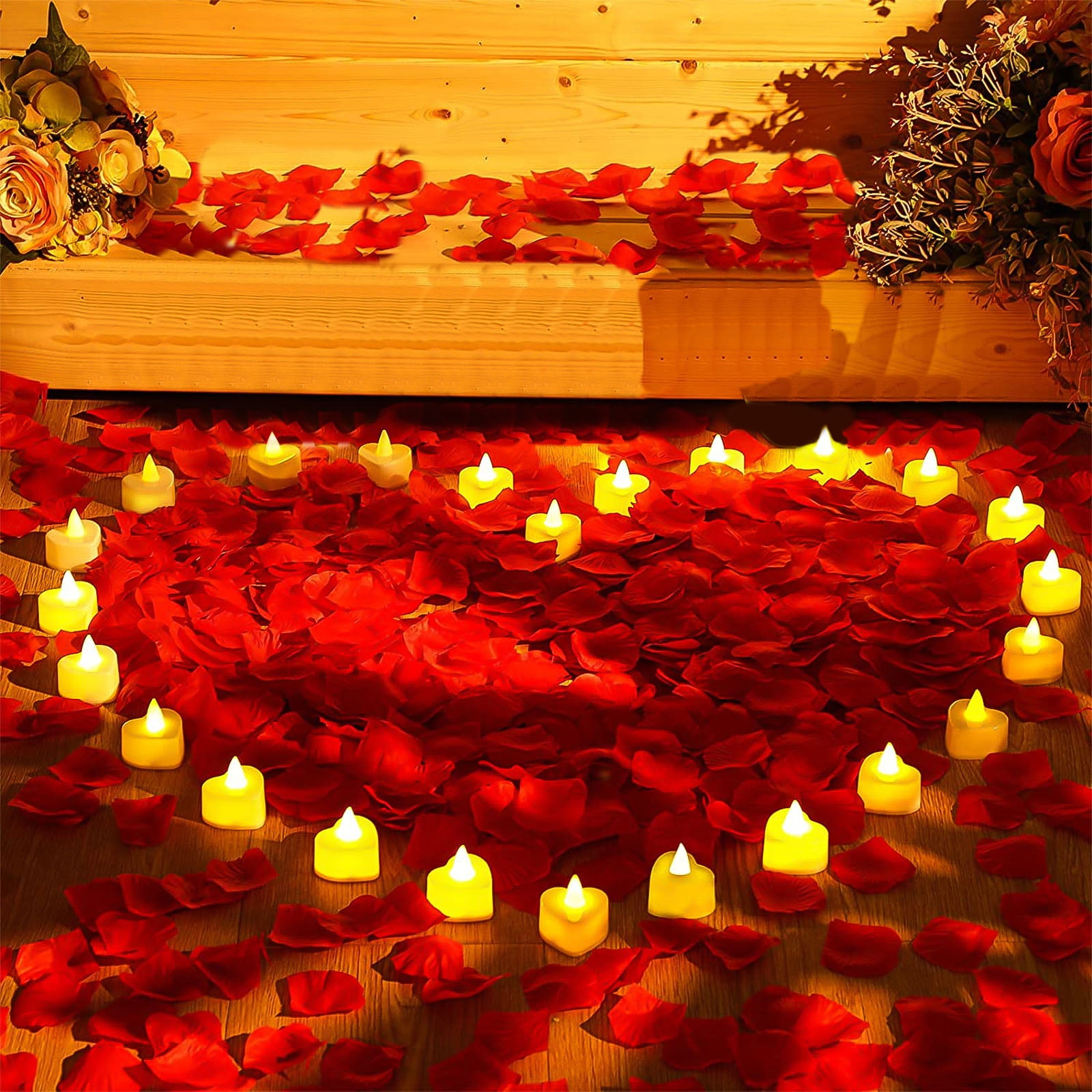 Red Rose Petals + Candles, 1000 Silk Petals