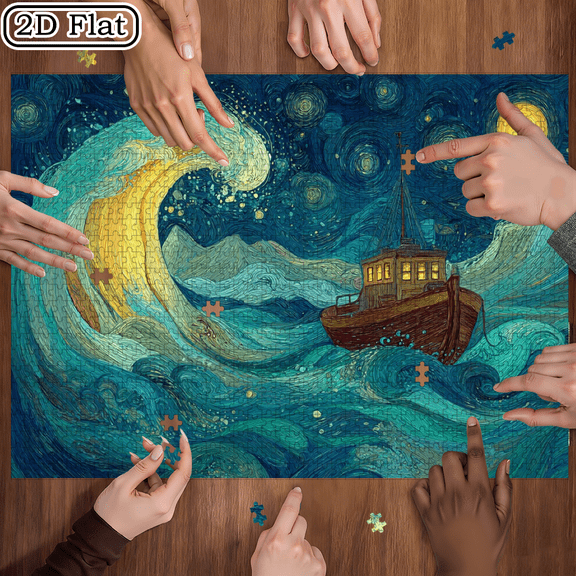 1000pcs Starry Night Wave Boat Puzzle, Challenging Adult Brain Teaser, Scratch Resistant Holiday Gift for Family Home Decor