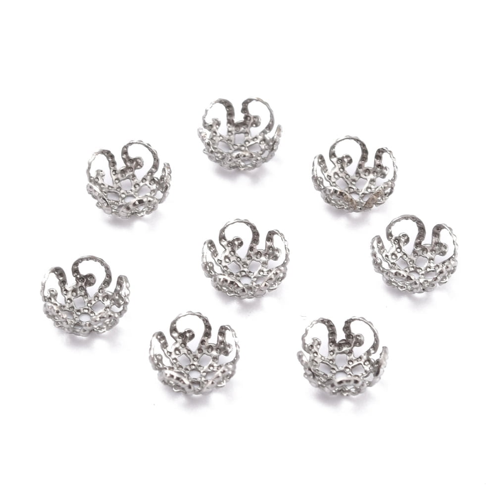 1000pcs Tarnish Resistant 5-Petal 304 Stainless Steel Bead Caps Stainless Steel color 8x4mm Hole: 1mm