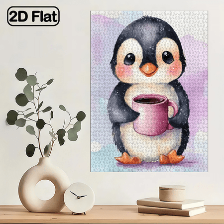 1000pcs jigsaw puzzle - watercolor style cartoon penguin holding a pink cup with a blue and purple background. 29.4*19.6 in