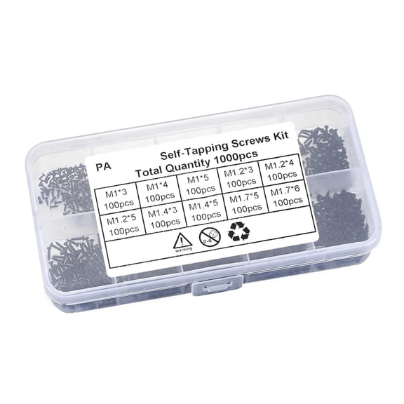1000pcs/set Mixed Size Tapping Screws 1-1.7mm Tiny Screws Set Tiny Repair Screws Set for Easy Organization