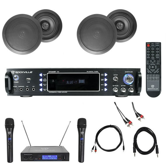 1000w Karaoke Bluetooth Amp/Mixer+ (4) Black Ceiling Speakers+Wireless Mics