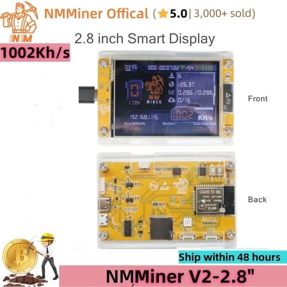 1002Kh/s Bitcoin Solo Miner NMMiner Smart NM-2.8" NerdMiner V2 BTC Miner ESP32 Bitcoin Lottery Mining Crypto Lotto Machine Silent Mini BTC Miner Gift