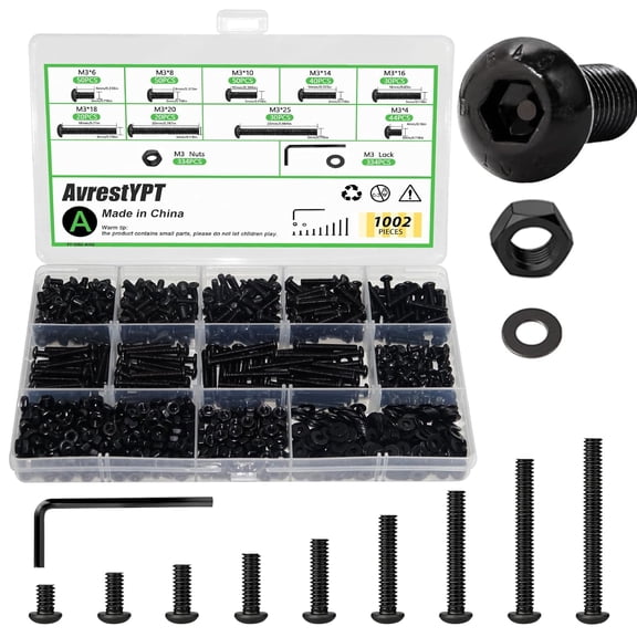 1002PCS M3 Assorted Nuts and Bolts Kit, M3x4/6/8/10/14/16/18/20/25mm Screw Kits, Metric Hex Button Head Cap Screws, Nuts and Flat Washers, for 3D Printer Mods, Bed Frame, Furniture, Automotive