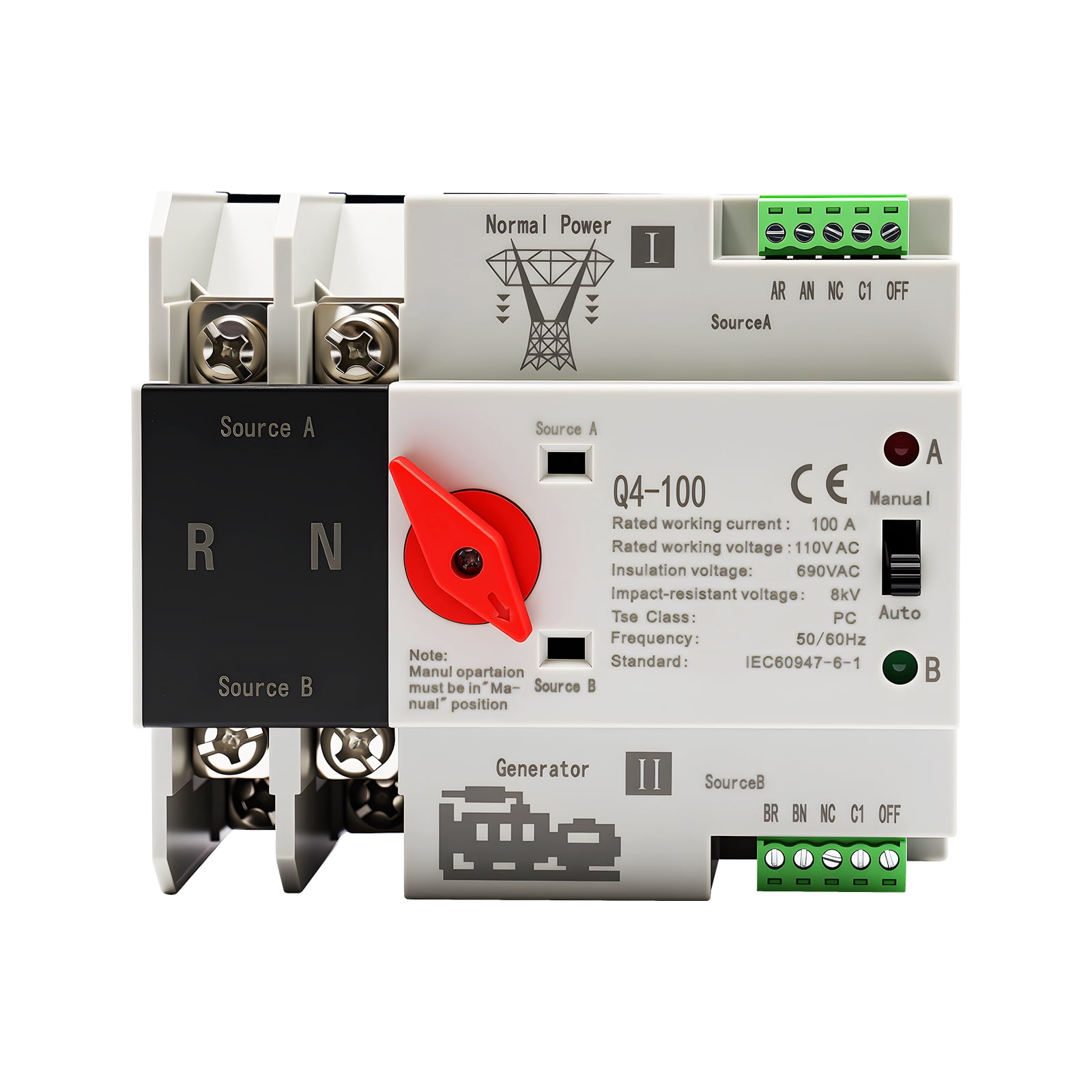 100A Automatic Transfer Switch Dual Power 2P Power Generator Changeover ...