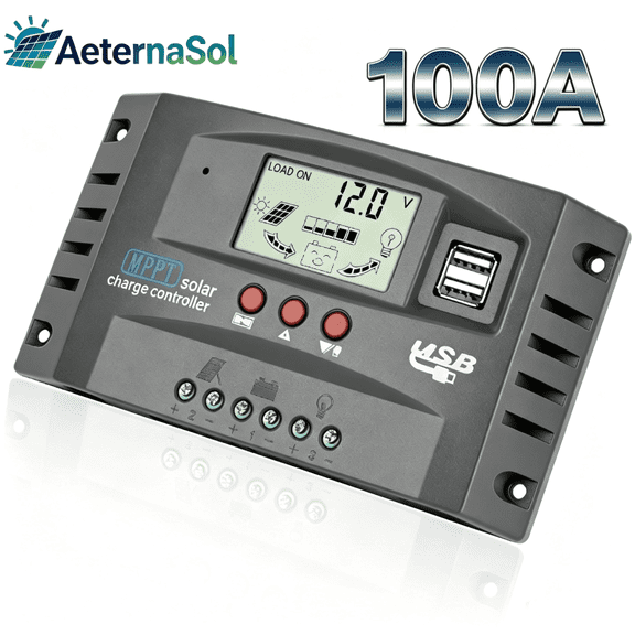AeternaSol 100A MPPT Solar Charge Controller, 12V/24V Auto Solar Panel Controller with LCD Display & Dual USB, Timer Setting Lead-Acid Open Sealed AGM and Li Battery Grey