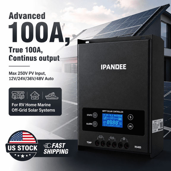 100A MPPT Solar Charge Controller 250V Max PV Input 12V/24V/36V/48V Auto LCD Display Battery Intelligent Regulator for Lead-Acid/Lithium Battery RV Marine Home Solar System Off-Grid