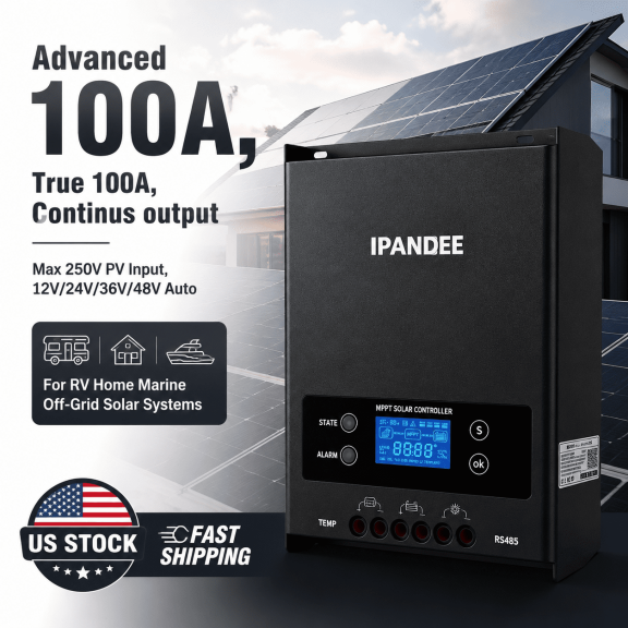 100A MPPT Solar Charge Controller 250V Max PV Input 12V/24V/36V/48V Auto LCD Display Battery Intelligent Regulator for Lead-Acid/Lithium Battery RV Marine Home Solar System Off-Grid