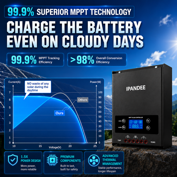 100A MPPT Solar Charge Controller (Bluetooth),Max 250V PV Input,APP Monitoring,12V 24V 36V 48V Auto,LCD Display,99.9% Charging Efficiency for Lithium &Lead-Acid Batteries,RV Marine Home Off-Grid
