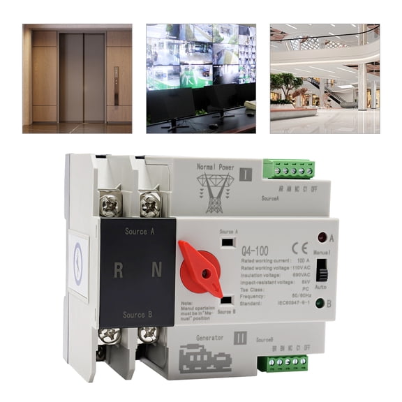 100A PC Level Dual Power Automatic Transfer Switch 2P Generator Changeover 110V for Homes, Fire Centers