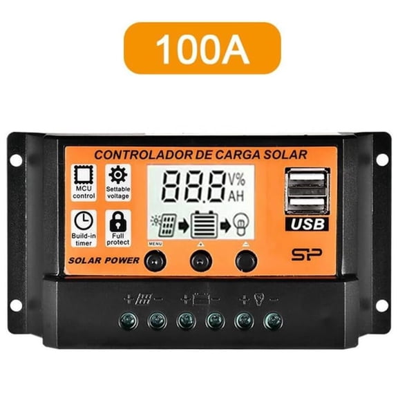 100A Solar Charge Controller, 12V/24V PWM Solar Panel Regulator with Dual USB Port and LCD Display for RV and Off Grid, Orange, 1-Pack