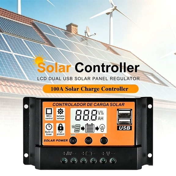 100A Solar Controller, LCD Display, Dual USB Ports, 12V/24V - Orange