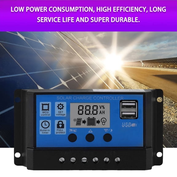 100A Solar Panel Controller with Dual USB Ports LCD Display 12V 24V PWM Multi Protection Regulator (5.4x2.8 Inches / 13.7x7.2 Centimeters)