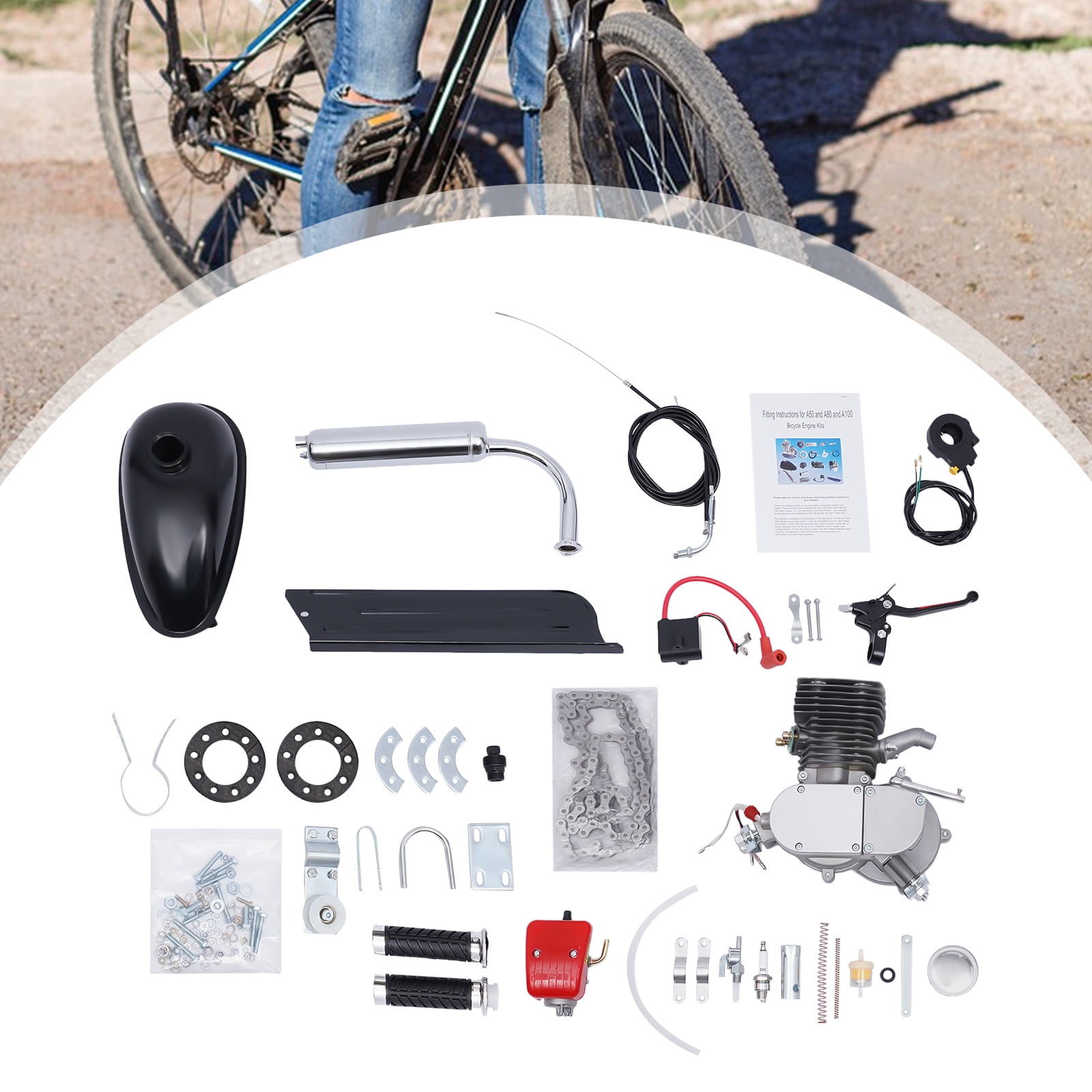 100CC Bicycle Engine Kit, 2-Stroke Gasoline Engine, 28mph Max Speed, Large Fuel Tank, Converts Bicycles to Motorcycles for Exciting Rides