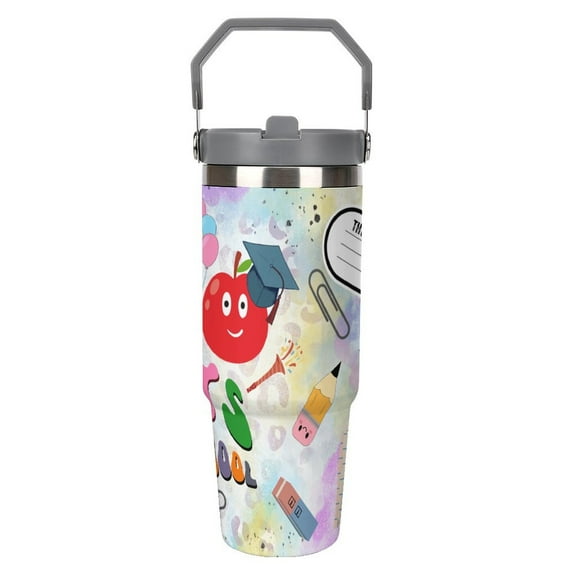 100DaysOfSchool 30oz Insulated Stainless Steel Tumbler with Leak-Proof Flip Straw & Ergonomic Handle - Car Cup Holder Friendly Travel Mug for Coffee, Iced Drinks, Gym, Road Trips, Office