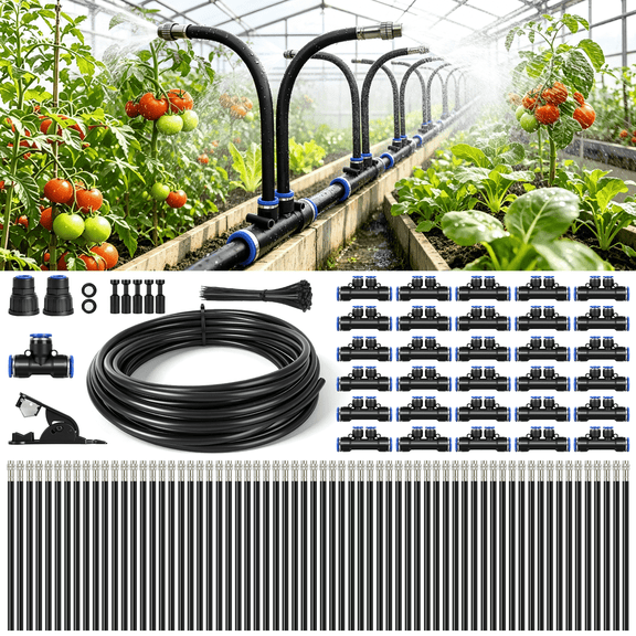FOHAWISE 100FT 1/2-inch High-Flow Drip Irrigation System with 60 Adjustable Dual Spray Nozzles DIY  Irrigation Kit for Raised Beds, Greenhouse, Lawn