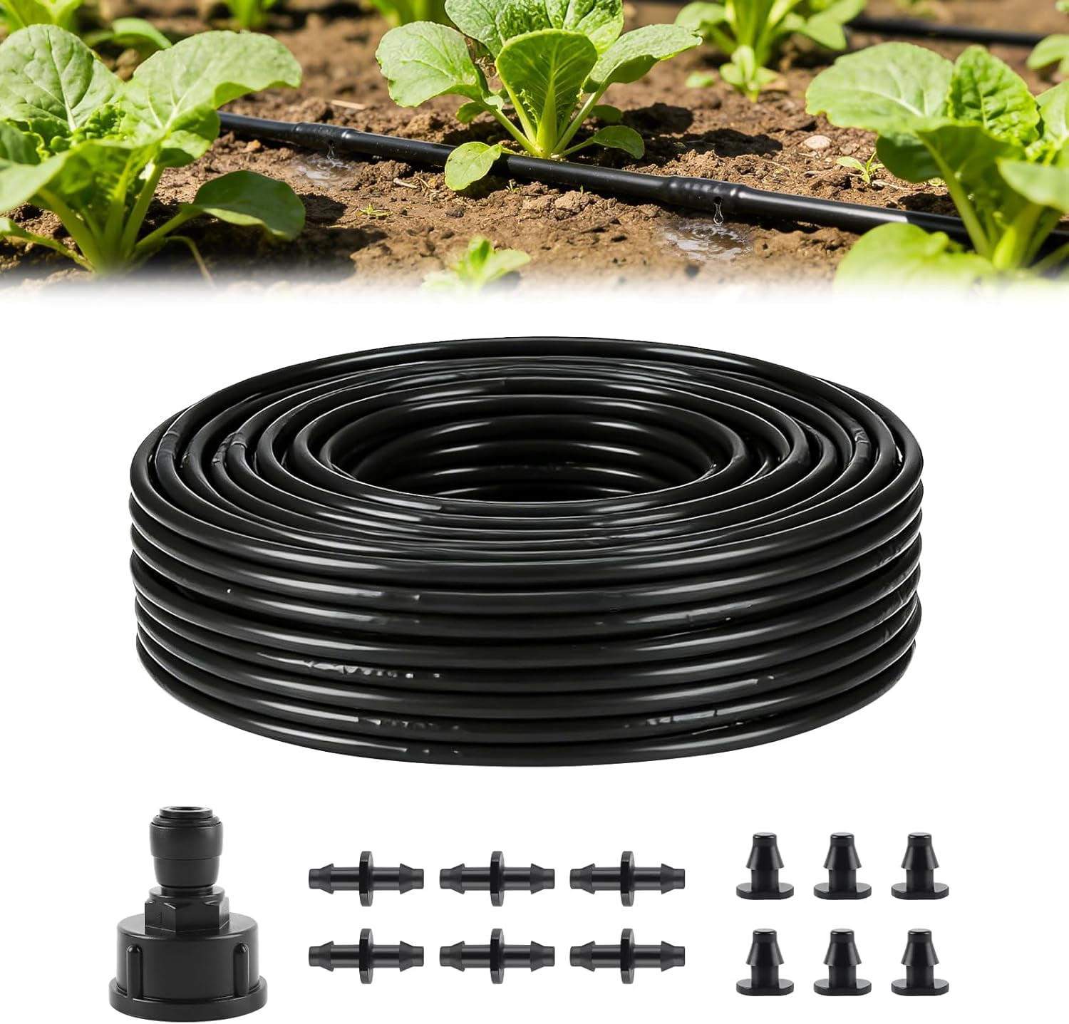 100FT 1/4 Inch Drip Line Tubing Kit, 6" Spacing Roll Dripline Tubing 1/4" Drip Irrigation Tubing Landscape Garden Hose Plant Watering System with End Plugs, Couplings, Faucet Connectors