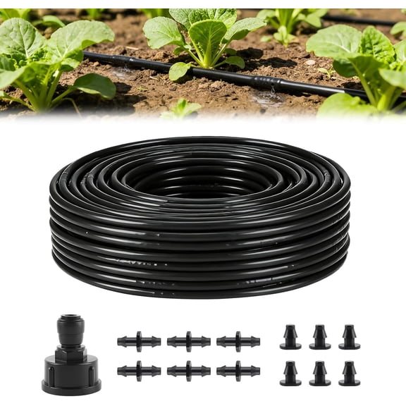 100FT 1/4 Inch Drip Line Tubing Kit, 6" Spacing Roll Dripline Tubing 1/4" Drip Irrigation Tubing Landscape Garden Hose Plant Watering System with End Plugs, Couplings, Faucet Connectors