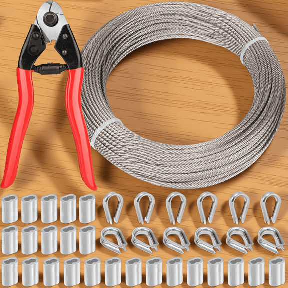 100FT 1/8 Inch 304 Stainless Steel Cable Wire Rope, 7x7 Strand, with Crimping Sleeves and Thimbles, for Deck Railing, String Lights, Marine, Garden