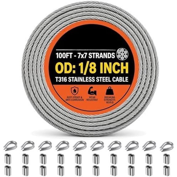 100FT 1/8" T316 Stainless Steel with , 7x7 Strands Aircraft Wire Rope for Deck Railing, Stair Handrail, Porch Fence, High Strength for Indoor and Outdoor Use