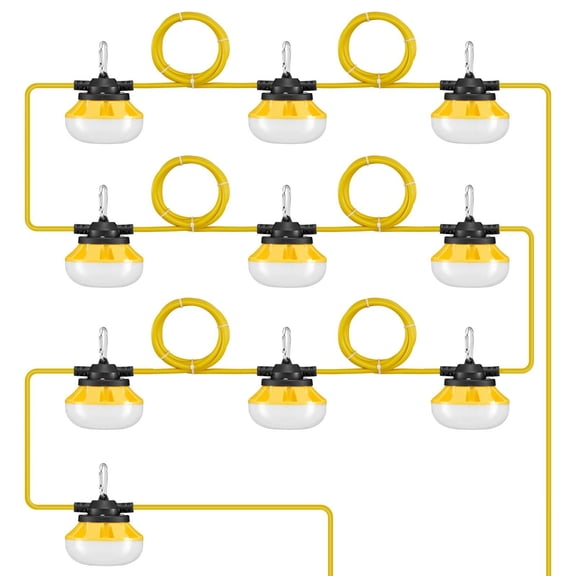 100FT 100W 10000LM Construction String Lights 10PCs 5000K IP65 Waterproof with Hanging Hooks for Indoor Outdoor Site Work Temporary Lighting ETL Listed