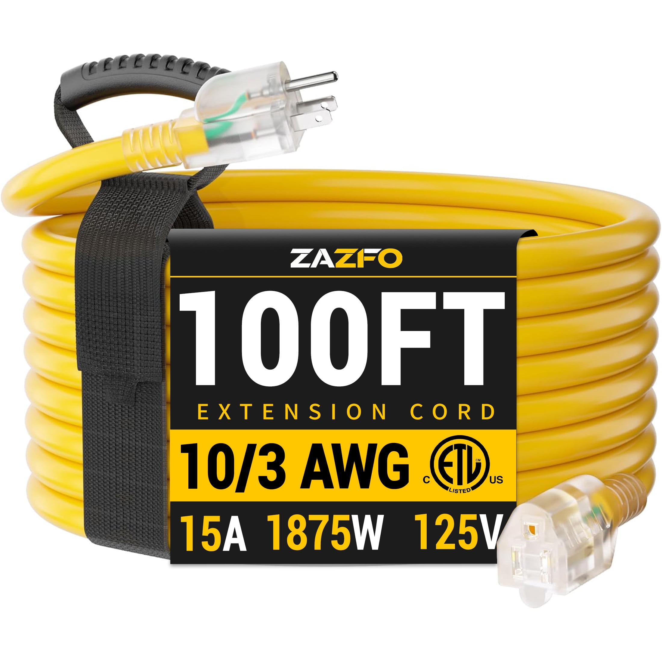 ZAZFO 100ft 10 Gauge Extension Cord, 3 Prong 5-15P to 5-15R, SJTW with Power Indicator Light, Heavy Duty Flexible Durable, Yellow Waterproof for Outdoor Use