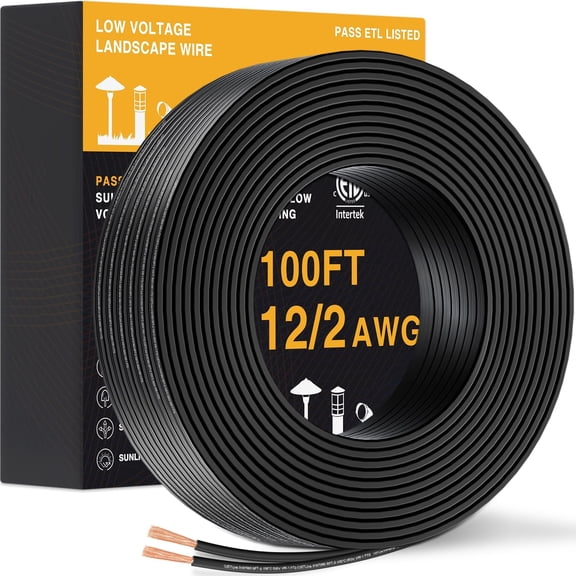 100FT 12 Gauge Low Voltage Wire 12/2 Low Voltage Landscape Wire, 12 AWG 2 Conductor Electric Wire Direct Burial 12 Gauge Stranded Copper Wire for Landscape Lighting Lamp Wires, ETL Listed