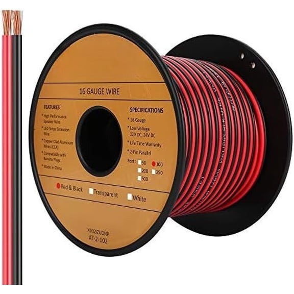 100FT 16/2 Gauge Red Black Hookup Electrical Wire, 16AWG 2 Conductor 2 Color Flexible Parallel Zip Wire Strips Extension Cord 12V/24V DC for Ribbon Lamp Tape Lighting