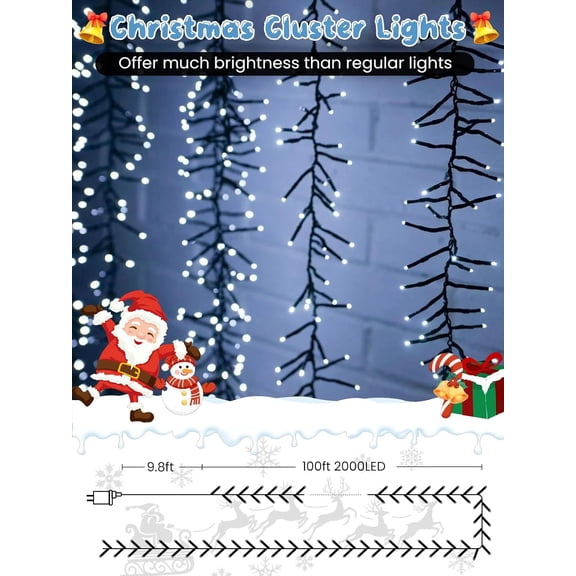 100FT 2000 LED Christmas Cluster Lights, Firecracker String Lights with Remote & 8 Modes & Timer, Waterproof Fairy Twinkle Light Plug in for Indoor Outdoor Party Yard Xmas Tree Decoration, Cool White