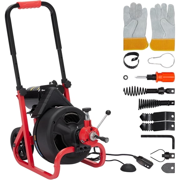 100FT 3/8 Inch Electric Drain Cleaning Machine with Auto Feed - Includes 8 Cutters, Air-Activated Foot Switch & Gloves - 370W Portable Sewer Snake for 2"-4" Pipes - Red