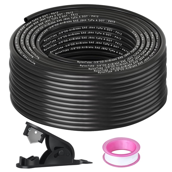 100FT 3/8"OD  DOT Air Line Black SAE J 844 PA12 Nylon Air Brake Tubing with Cutter and Teflon Tape, Pneumatic Nylon Air Line Hose for Semi Truck Trailer Air Brake System & Fluid Transfer