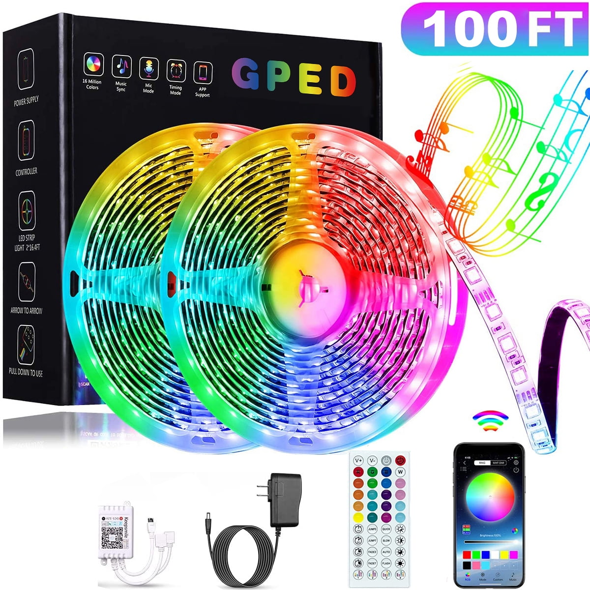 100FT/30M LED Strip Light, Smart RGB 5050 SMD Led Light Strip Music Sync  600LEDs Color Changing Light Strips Bluetooth APP Control with 44-Key  Remote