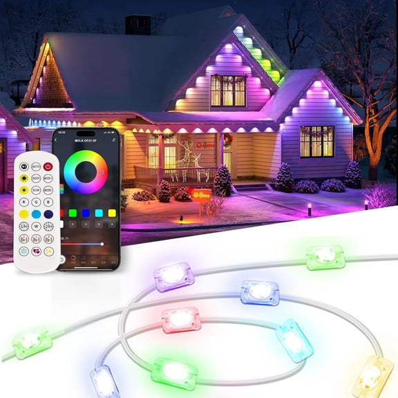 100FT 48PCS Permanent Outdoor Lights - IP65 Waterproof RGB Eaves Lights with Smart App/Remote Control,for Christmas, All Holiday Party, Daily and Accent Lighting, House Roof and Garden Decoration
